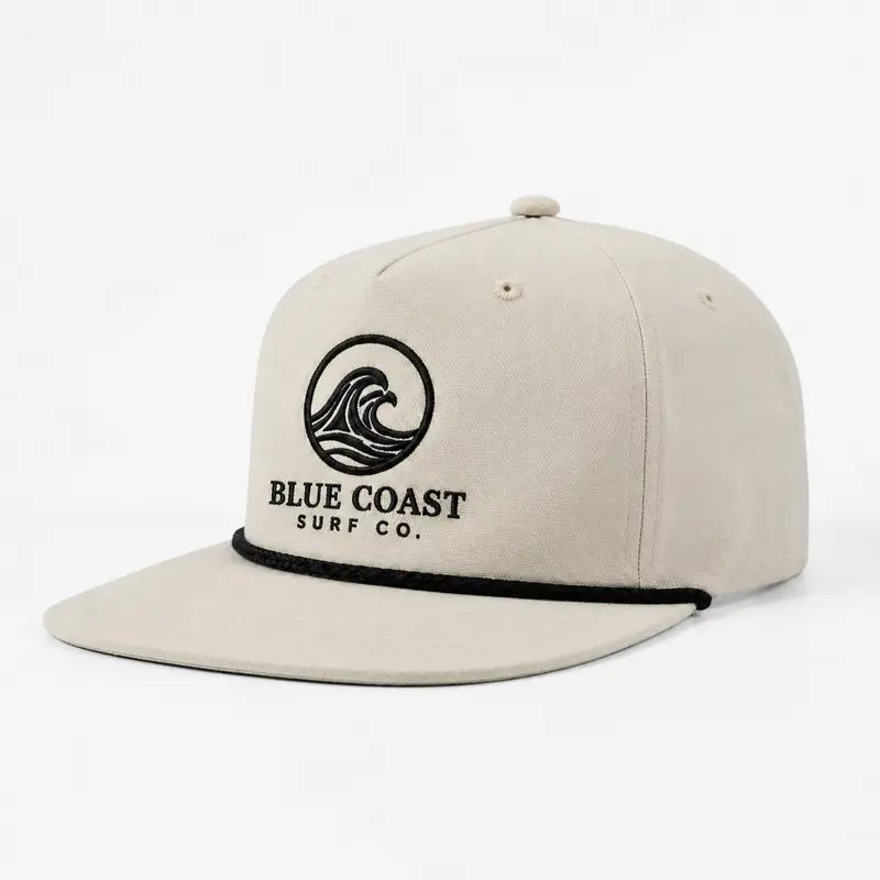 Custom embroidered organic cotton five panel rope snapback hat