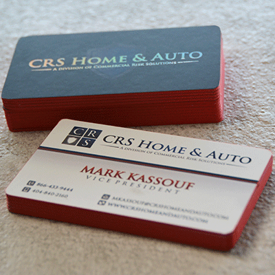 48pt velvet business cards with rainbow foil stamping and red painted edges